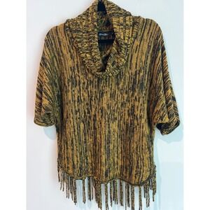 Brittany Black Cowl Neck Short Sleeve Fringe Sweater Marled Mustard Black